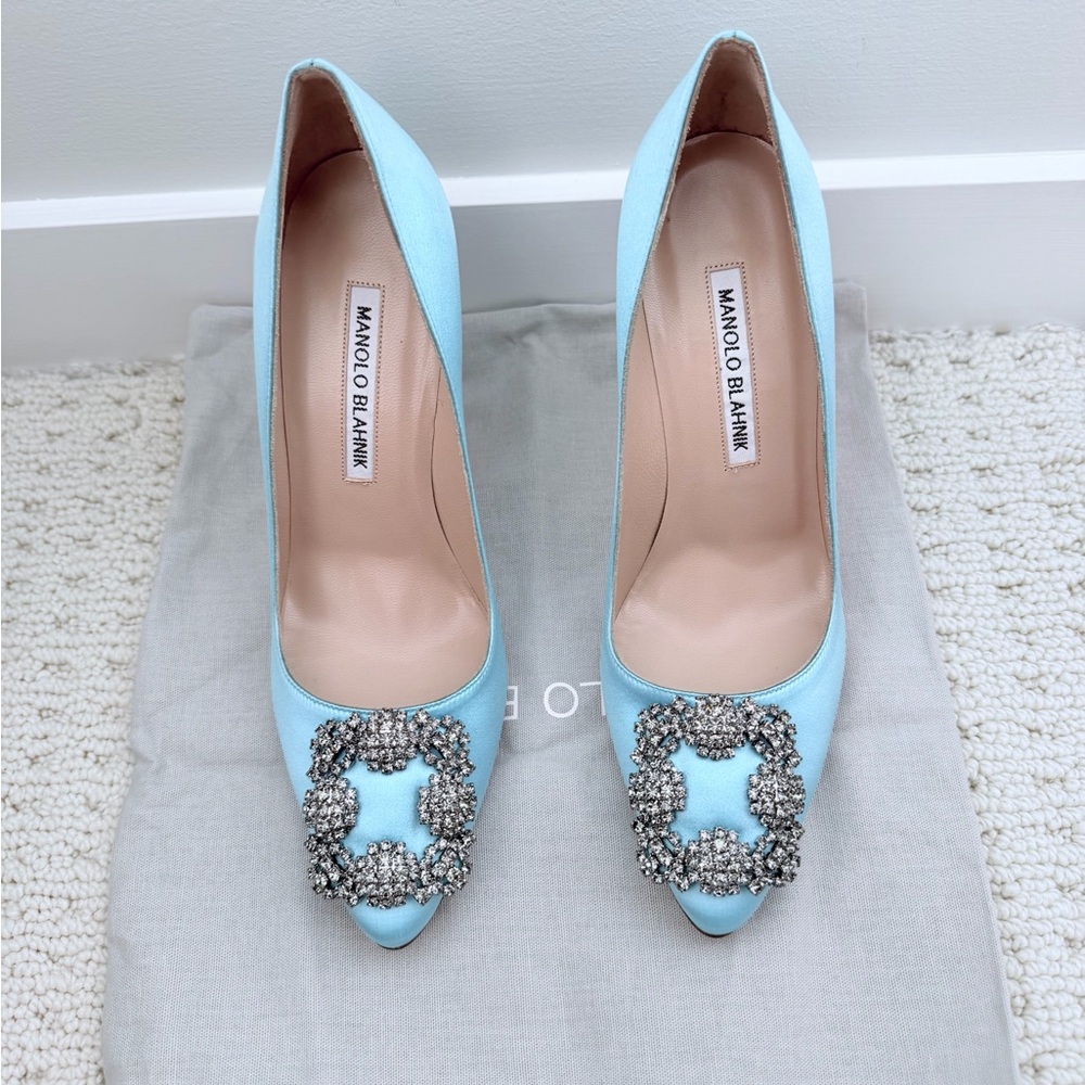 Manolo Blahnik Light Blue Satin Pointed Toe Pumps with Crystal Buckle